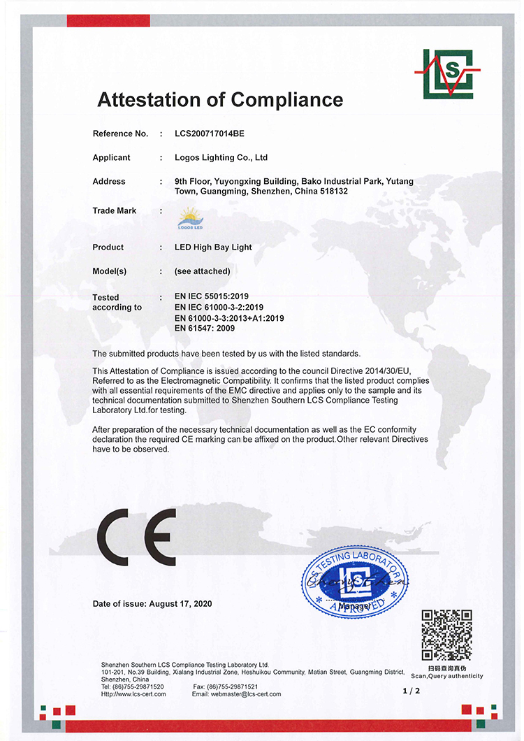 LogosLED CE-EMC Cert for LED High Bay Light