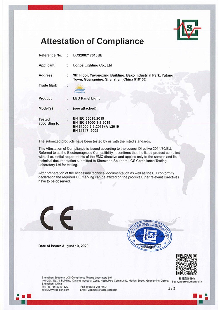 LogosLED CE-EMC Cert for LED Panel Light