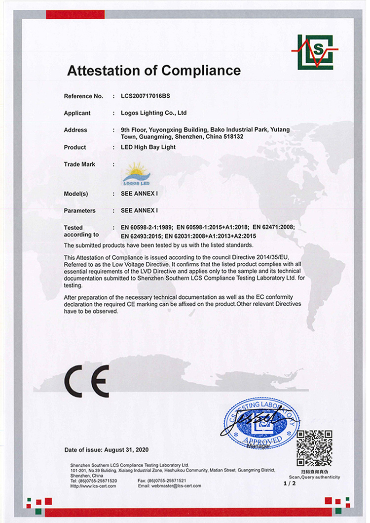 LogosLED CE-LVD Cert for LED High Bay Light