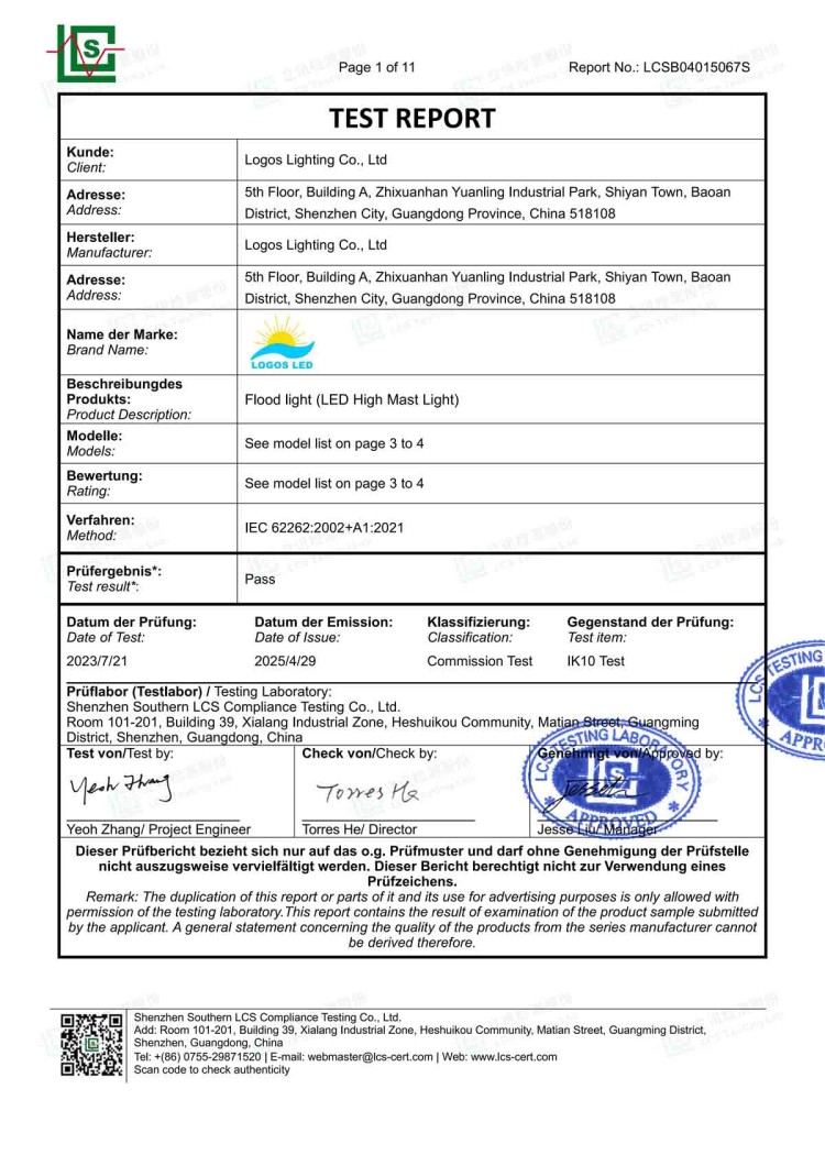 LogosLED IK10 Report for Flood Light(LED High Mast Light)