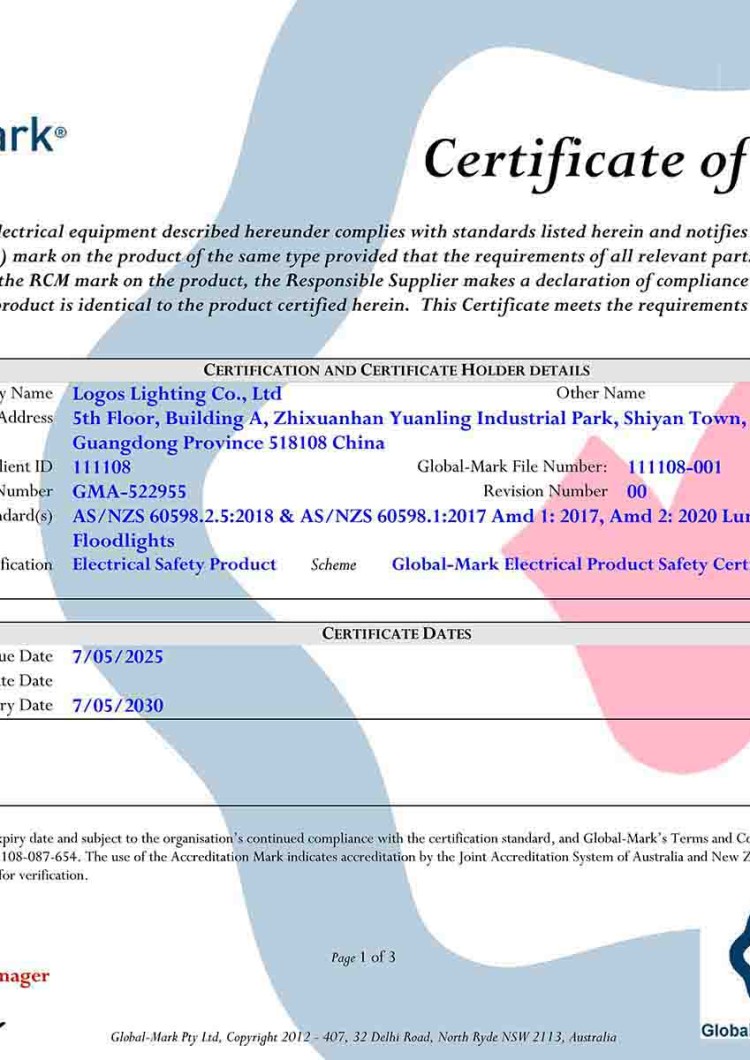 LogosLED SAA Cert for Flood Light(LED High Mast Light)